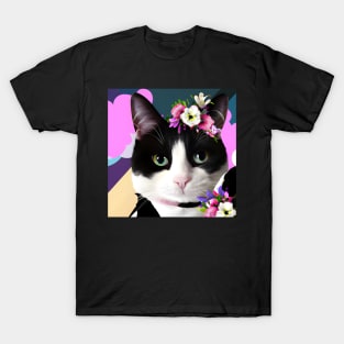 Black and White Cat with a Flower Tiara and Colourful Background. T-Shirt